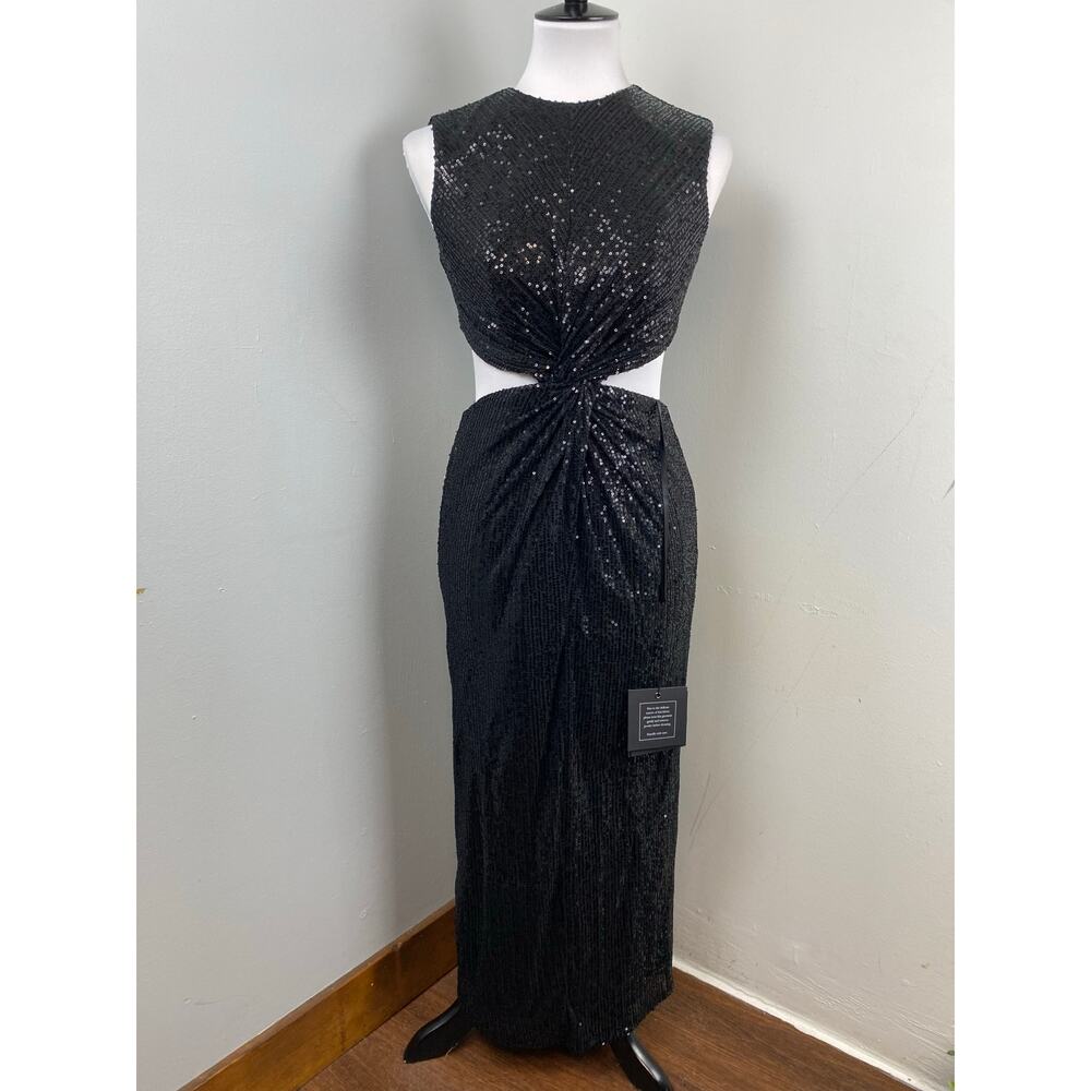 Mac Duggal Black Sequin Front Twist Cut Out Sheath Dress Size 4 27022 $298 - Picture 3 of 9